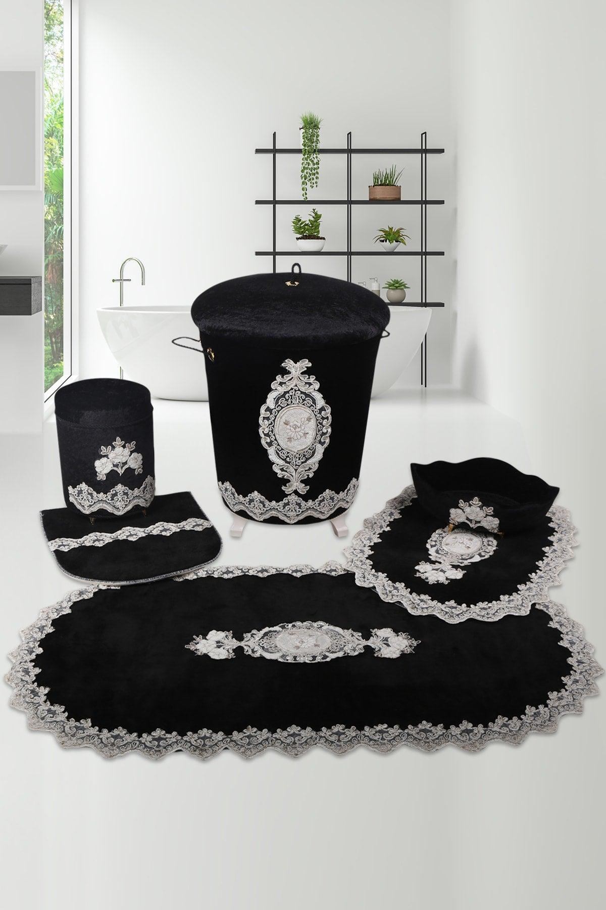 Lisa Black 6 Piece Lacy Bathroom Dirty Laundry Basket Set Bath Mat Set - Swordslife