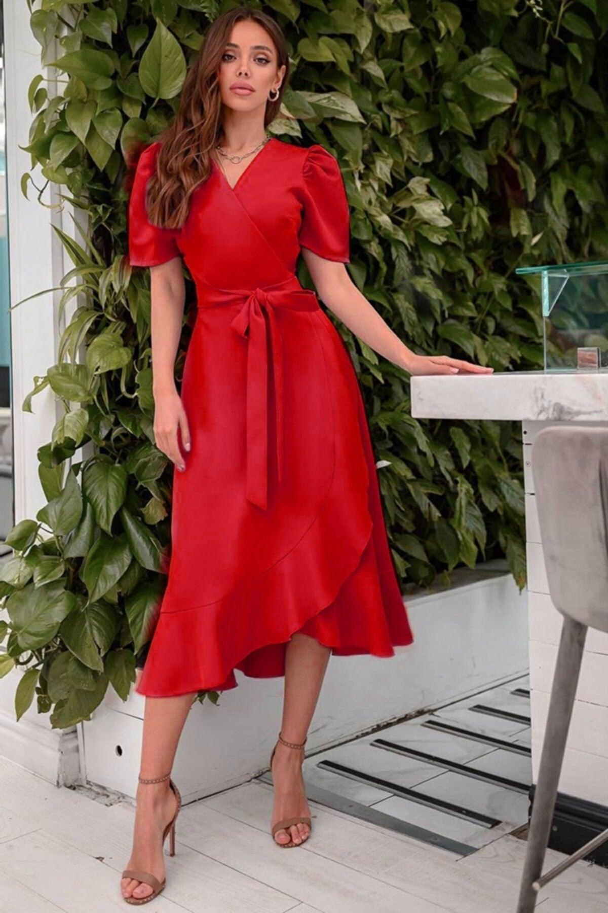 Double Breasted Collar Short Sleeve Flounce Belted Midi Length Dress - Swordslife