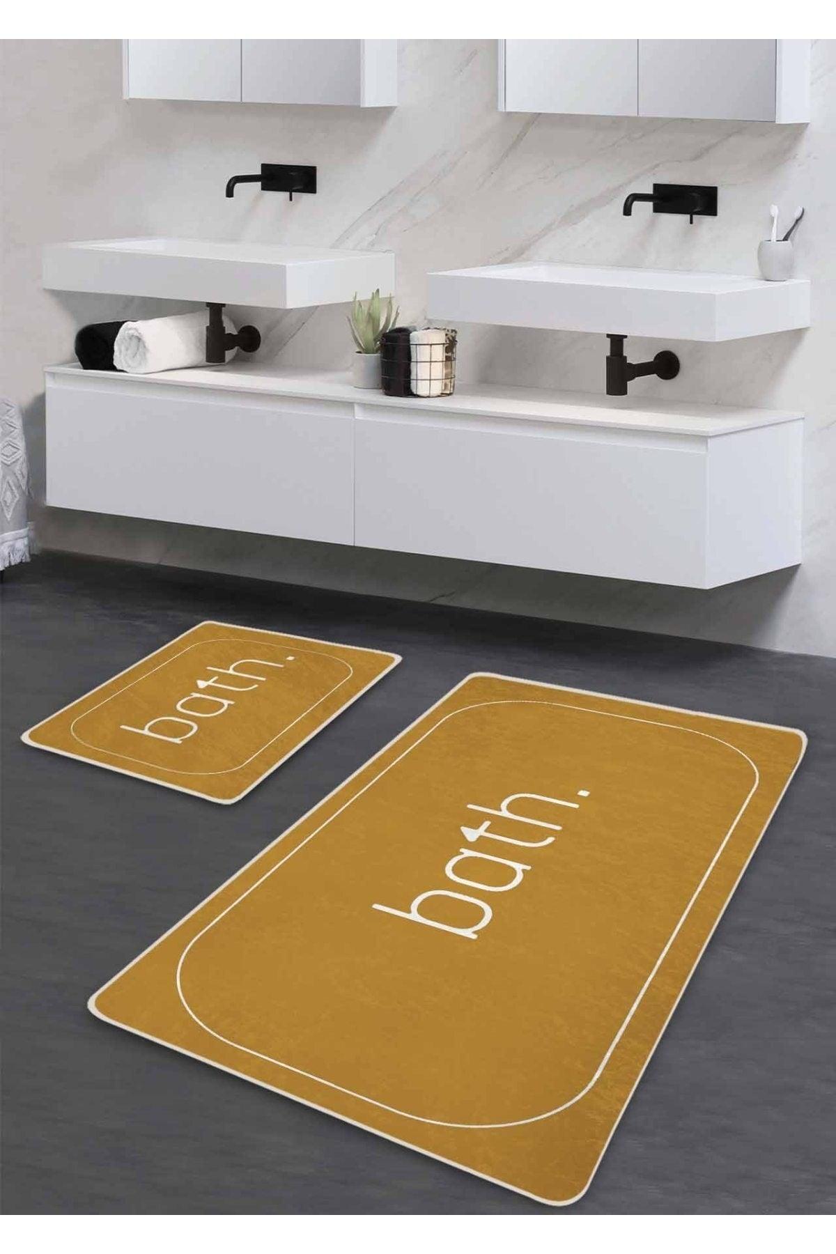 Non-Slip Base Washable Double Bath Mat - Mustard Bath Patterned 60*100 Cm - 50*60 Cm - Swordslife