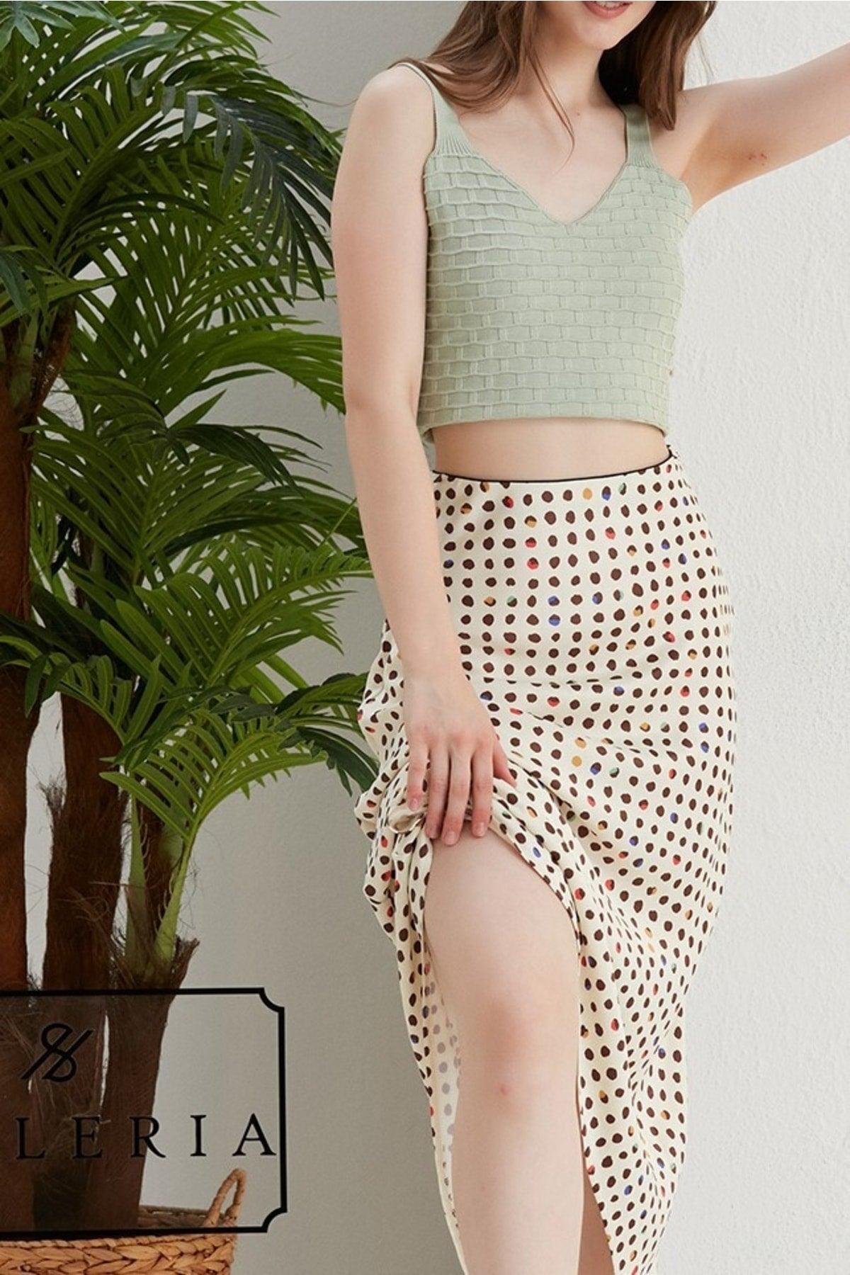 Colored Polka Dot Pattern Viscose Satin Midi Skirt - White Background - Swordslife