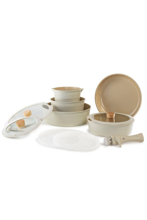 Midas Beige 11 Pieces Set Of Interlocking Pots And Pans With Detachable Handles