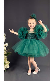 Chiffon Robe Pompom Sleeve Sequined Girls Fluffy Skirt Tulle Evening Dress Green