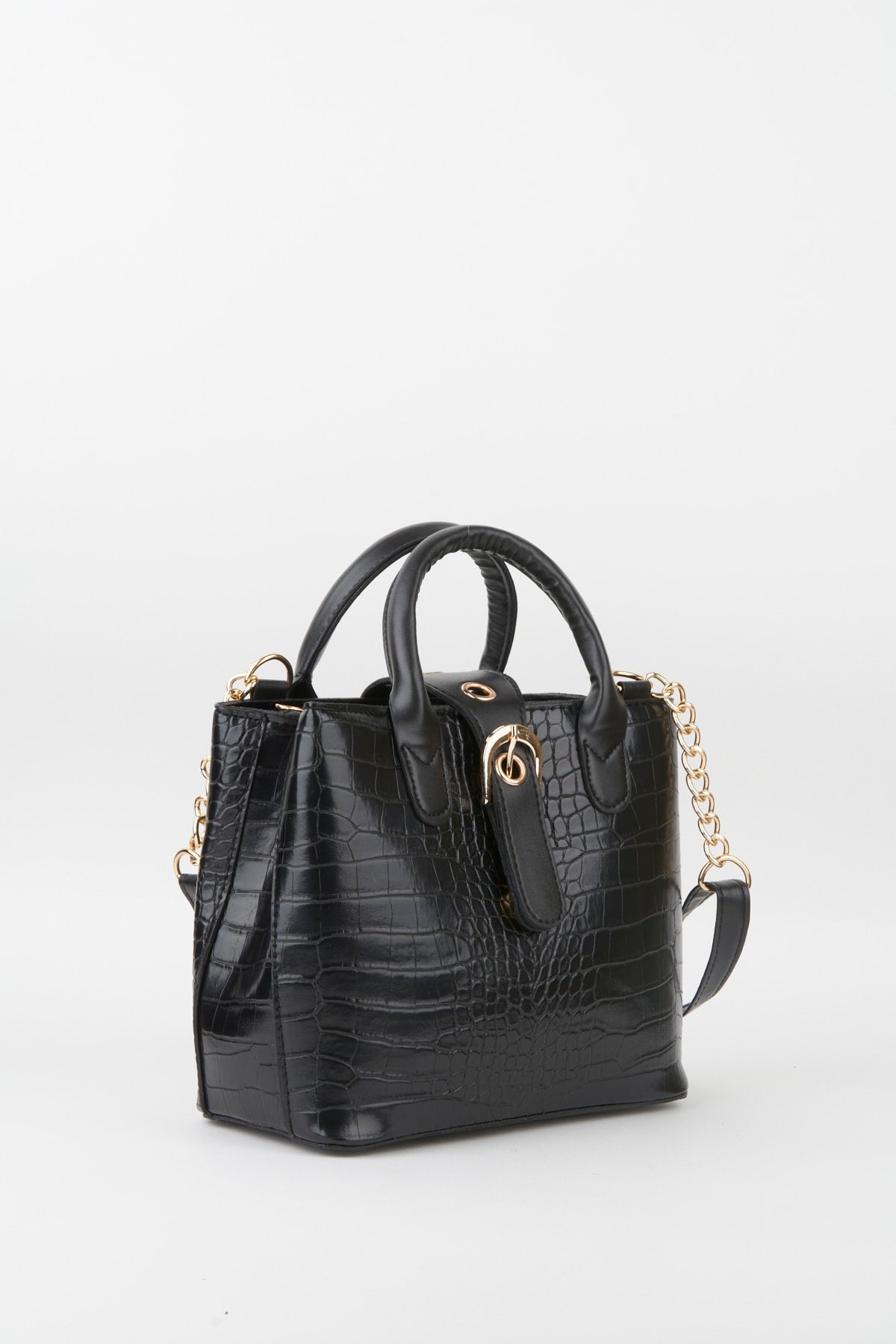 Women'S Black Faux Leather Croco Patterned Strap Snaps Zipper Closure Hand And Shoulder Bag