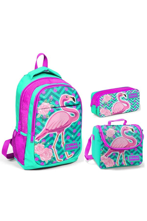 Coral High Green Flamingo Girls' Primary School Bag Set - Backpack+Food+Pencil Holder