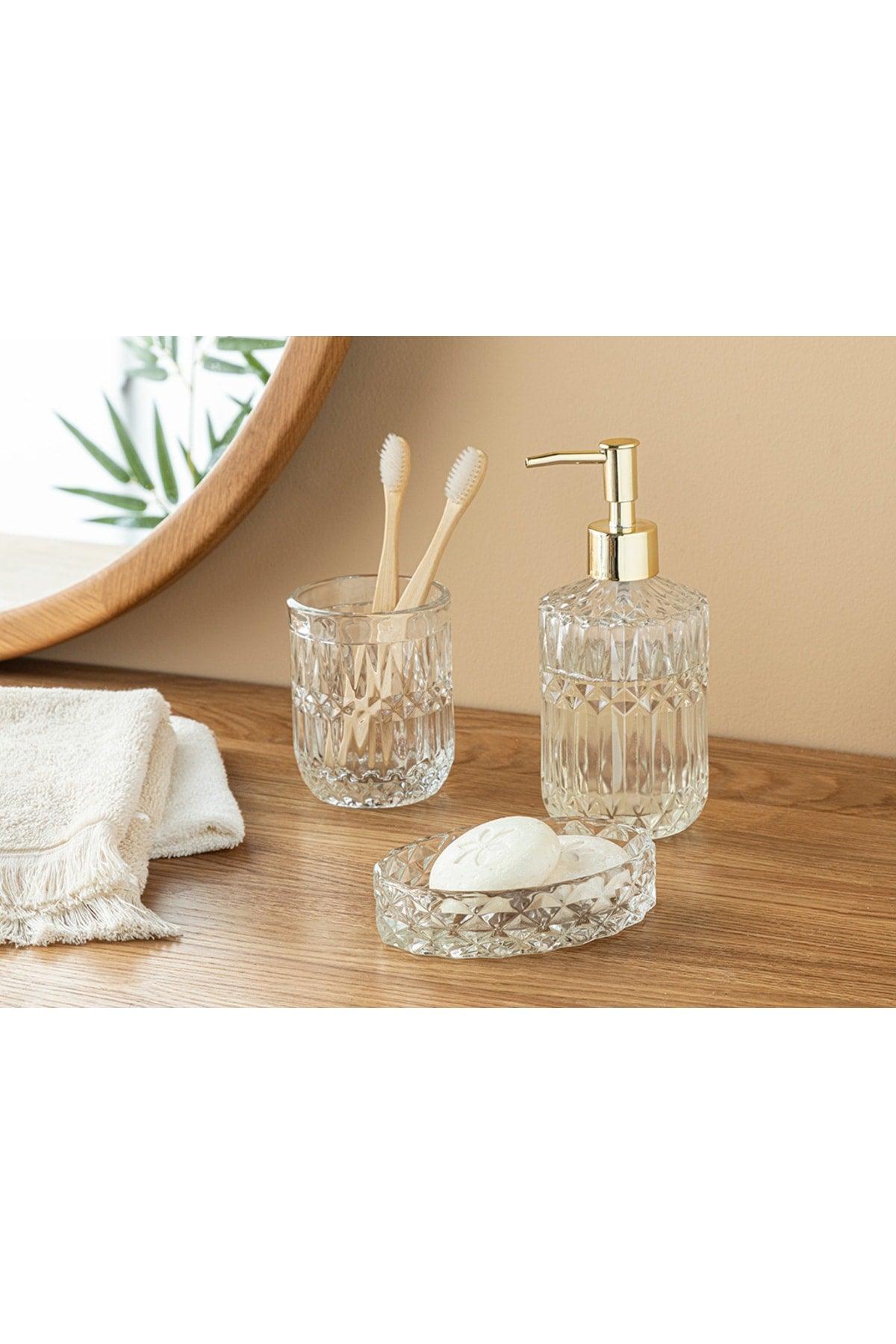 Glass 3 Piece Bathroom Set 8x8x18cm 8x10cm 9x13x3cm Transparent - Swordslife