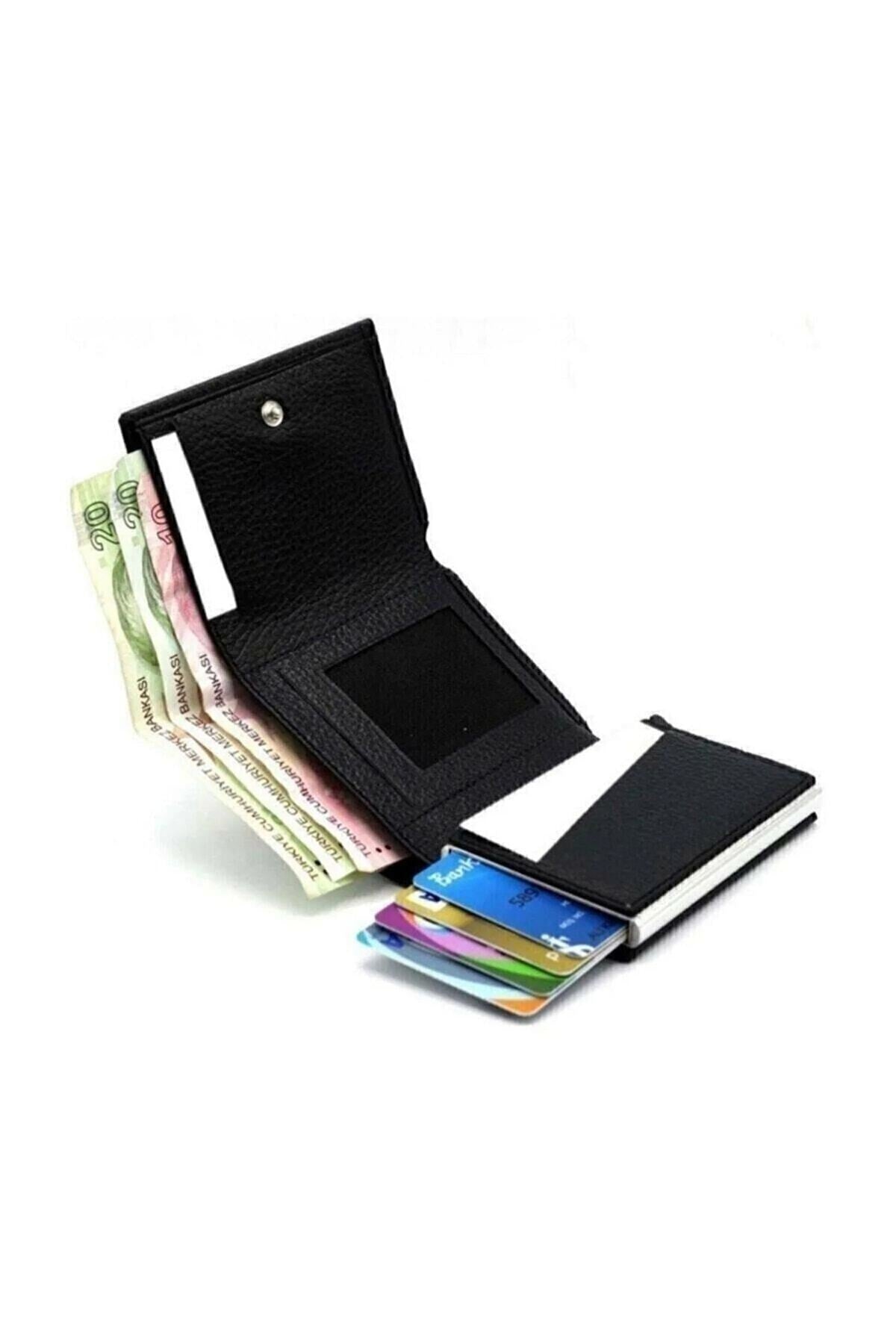 Men's Black Faux Leather Mechanism Card Holder Wallet Portfolio