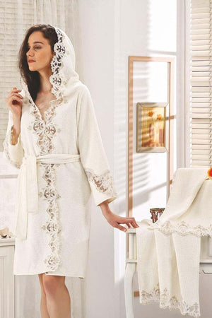 Rose Cream French Lace Honeymoon Dowry Hammam Bathrobe Set - Swordslife