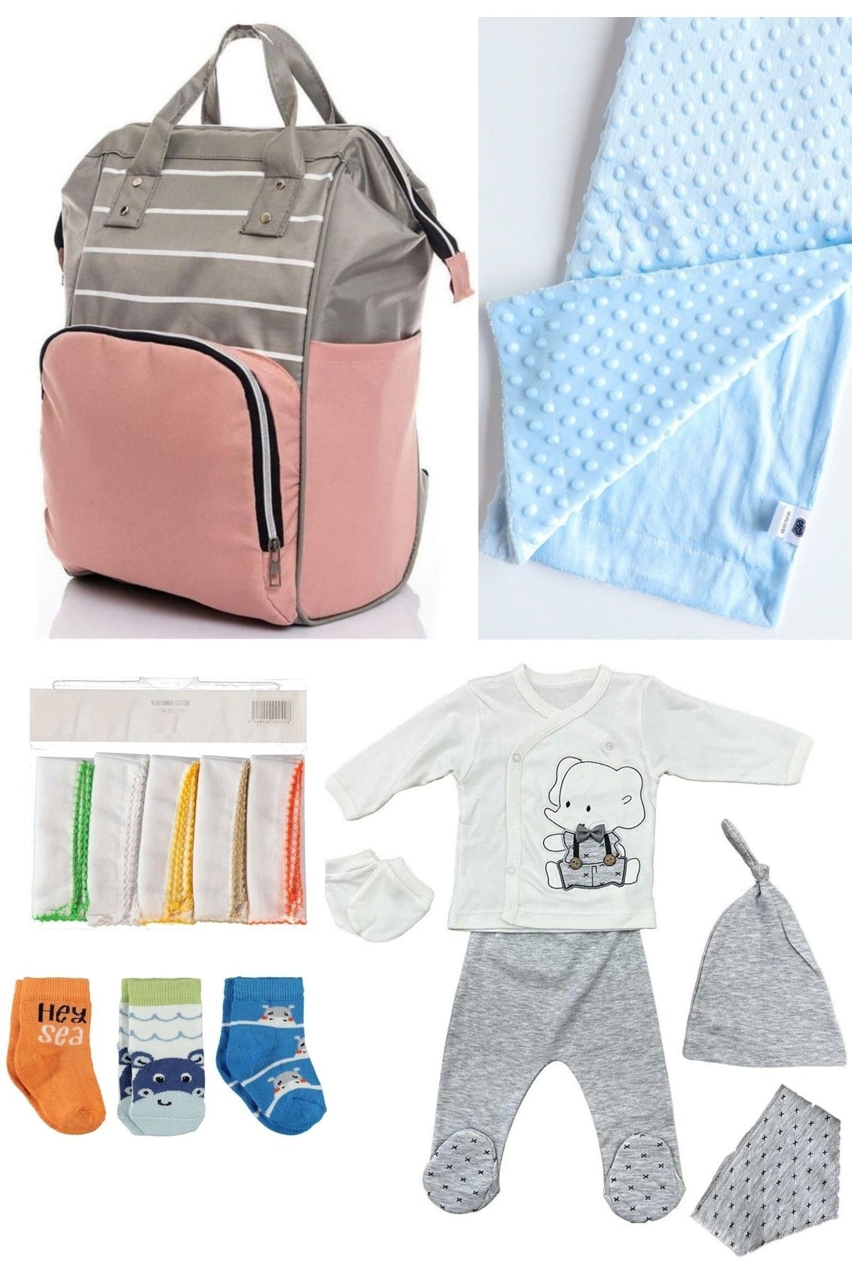 5 Piece Maternity Set (Baby Care Backpack, Hospital Exit, Chickpea Blanket, 10 Wipes and 3 Socks)