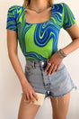 Women's Short Sleeve Square Collar Green Cream Pattern Viscose Blouse - Swordslife