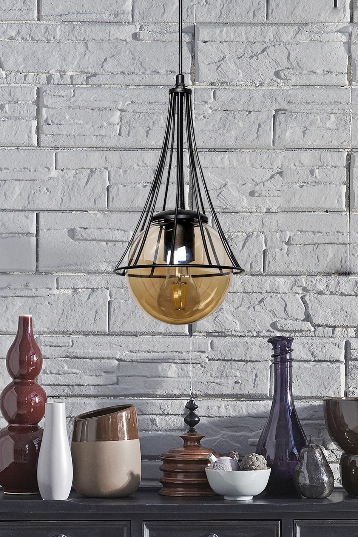Lapis Single Black-Honey Globe Glass Chandelier