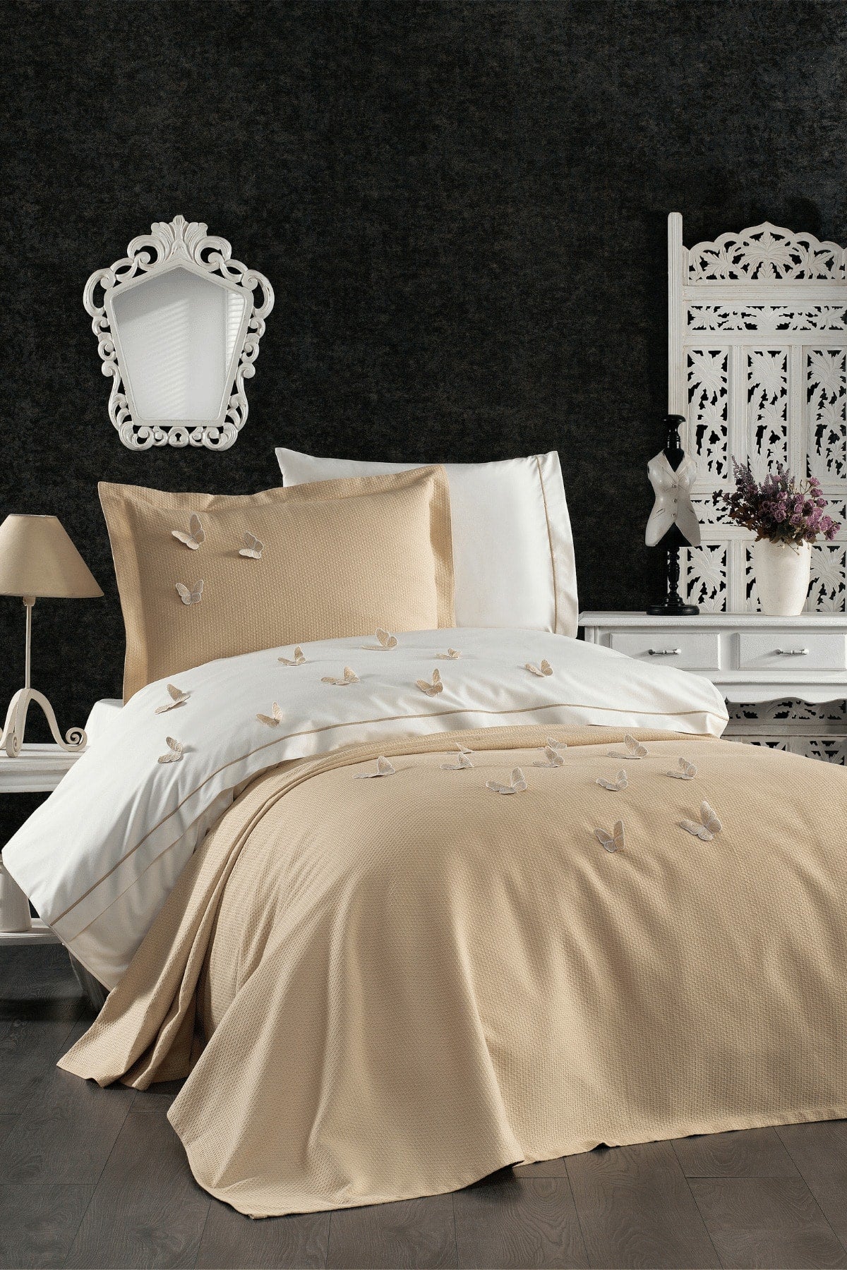5 Pieces Elastic Bed Sheet 3D Butterfly Pattern Kids Room Cotton Single Beige Duvet Cover Set