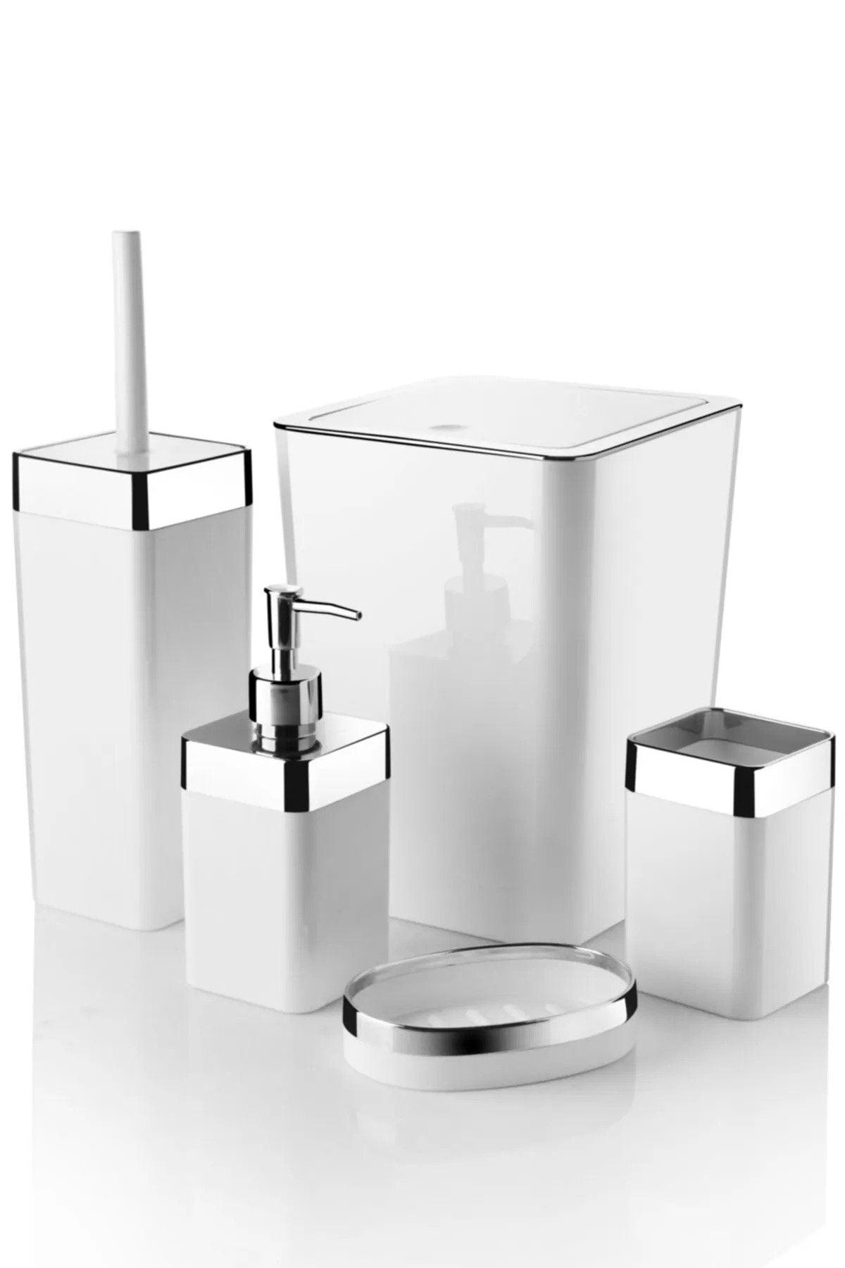 Still Rattan 5 Pieces Chrome Plated Square Bathroom Set White Metallized - Swordslife