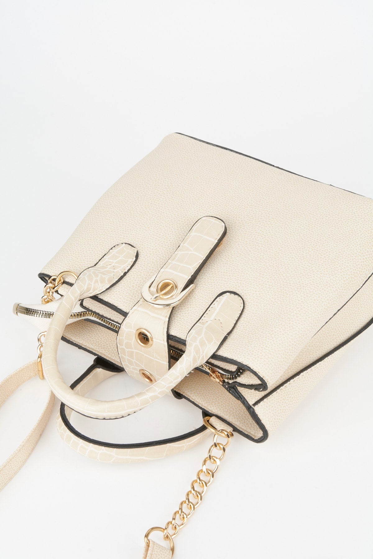 Women'S Cream Croco Handle Strap 2 Compartment Snap Zipper Closure Hand And Shoulder Bag