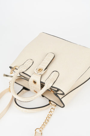 Women'S Cream Croco Handle Strap 2 Compartment Snap Zipper Closure Hand And Shoulder Bag