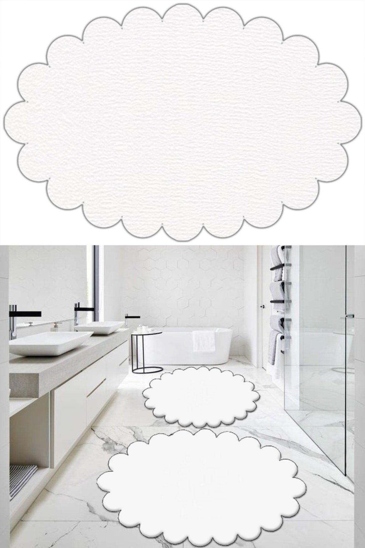 2 Pieces White Bathroom Carpet Plush Carpet Closet Set 50x80(ELİPS DAISY)-60x100(ELİPS DAISY) - Swordslife