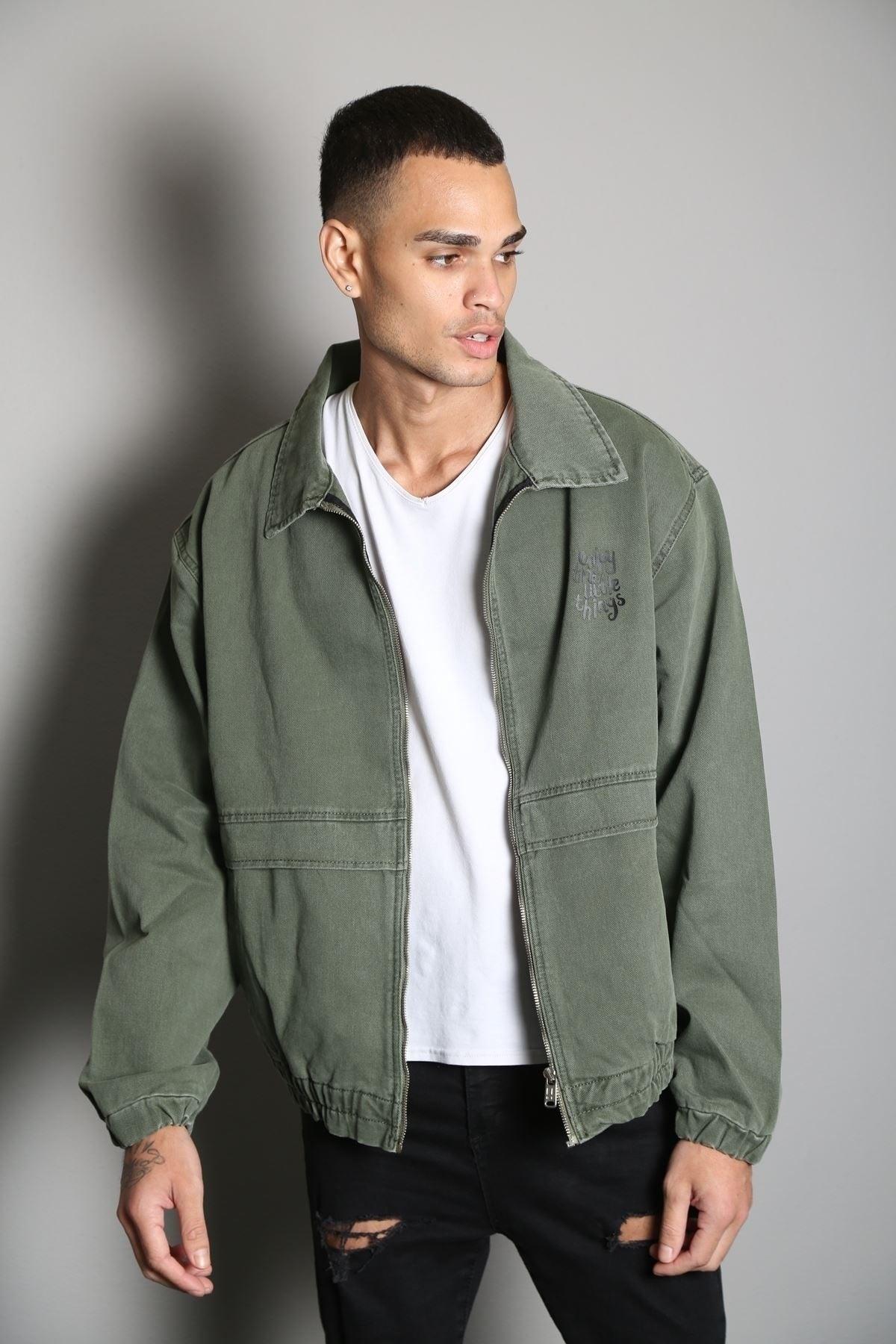 Oversize Khaki Printed Men's Zippered Bomber Denim Jacket - Swordslife