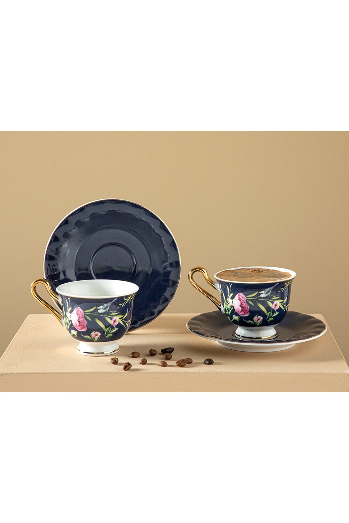 Vanilla New Bone China 4-Piece Set Of 2 Coffee Cups 90 Ml Dark Blue