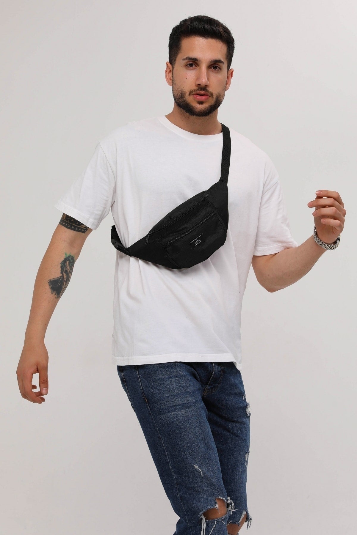 Unisex Black 2-Compartment Shoulder And Waist Bag
