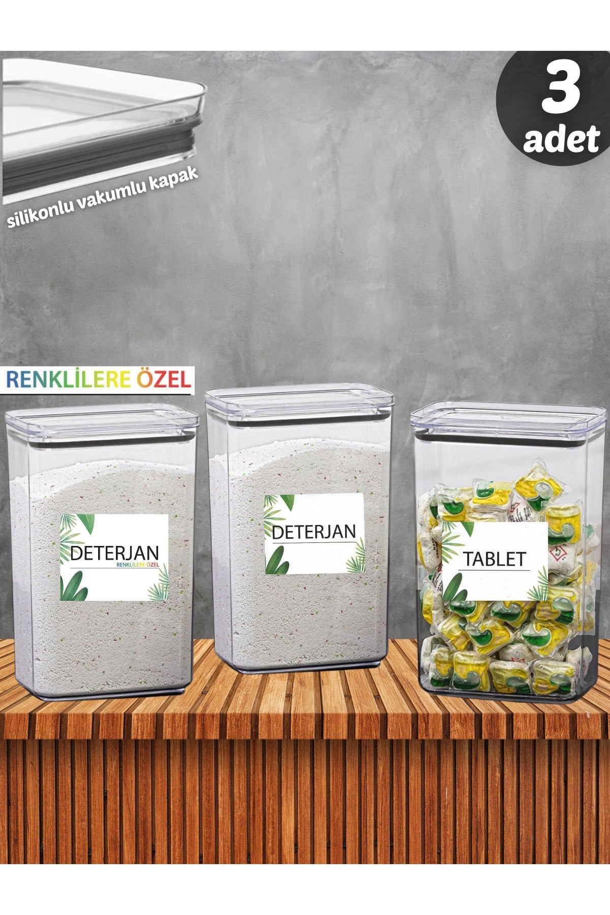 Pcs Detergent Container , Tablet Container Decorative Rectangle 2.9 Lt Vacuum Lid Set Of 3 Storage Box