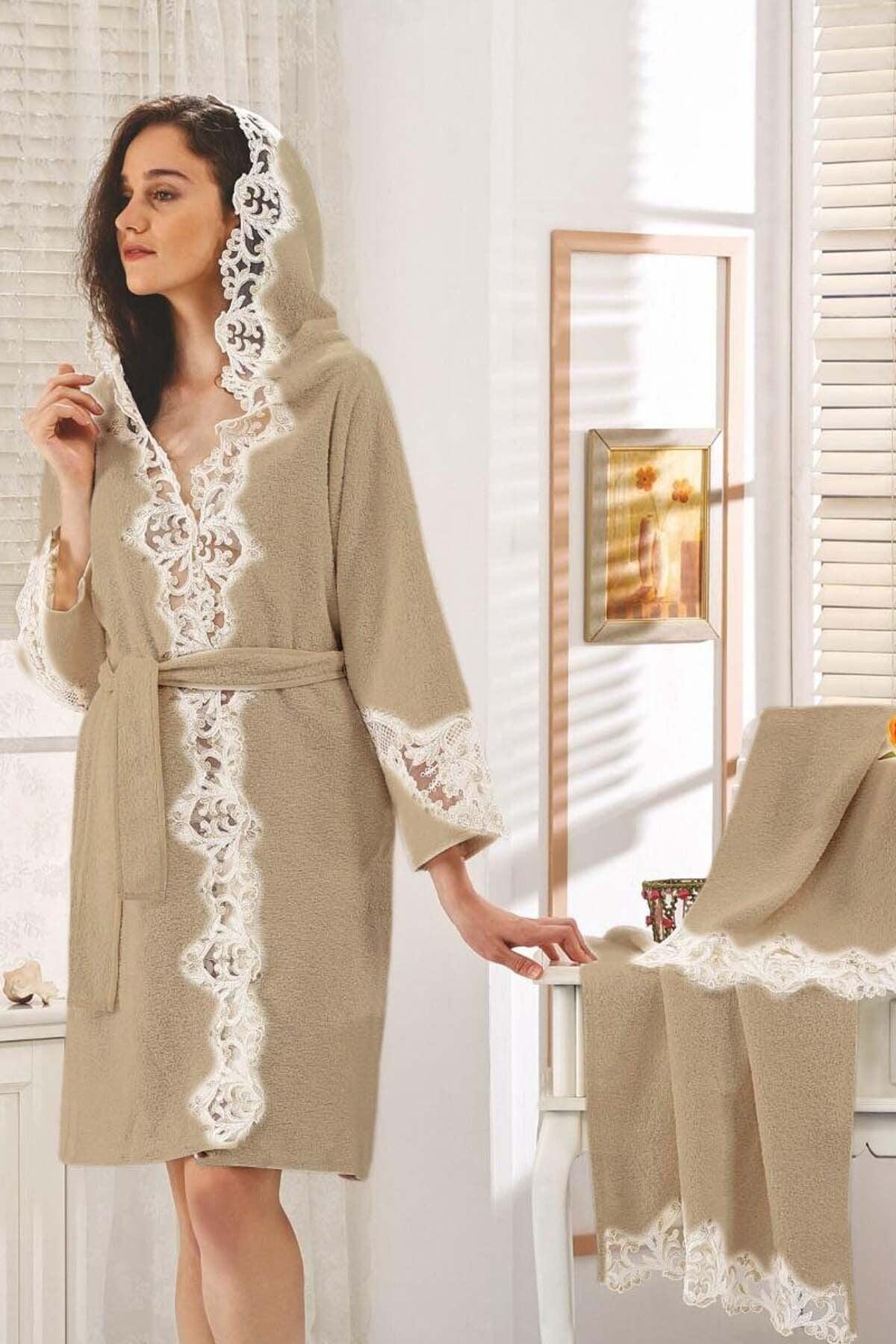 Rose Cappuccino Women's French Lace Honeymoon Dowry Fancy Turkish Bath Robe Set - Swordslife