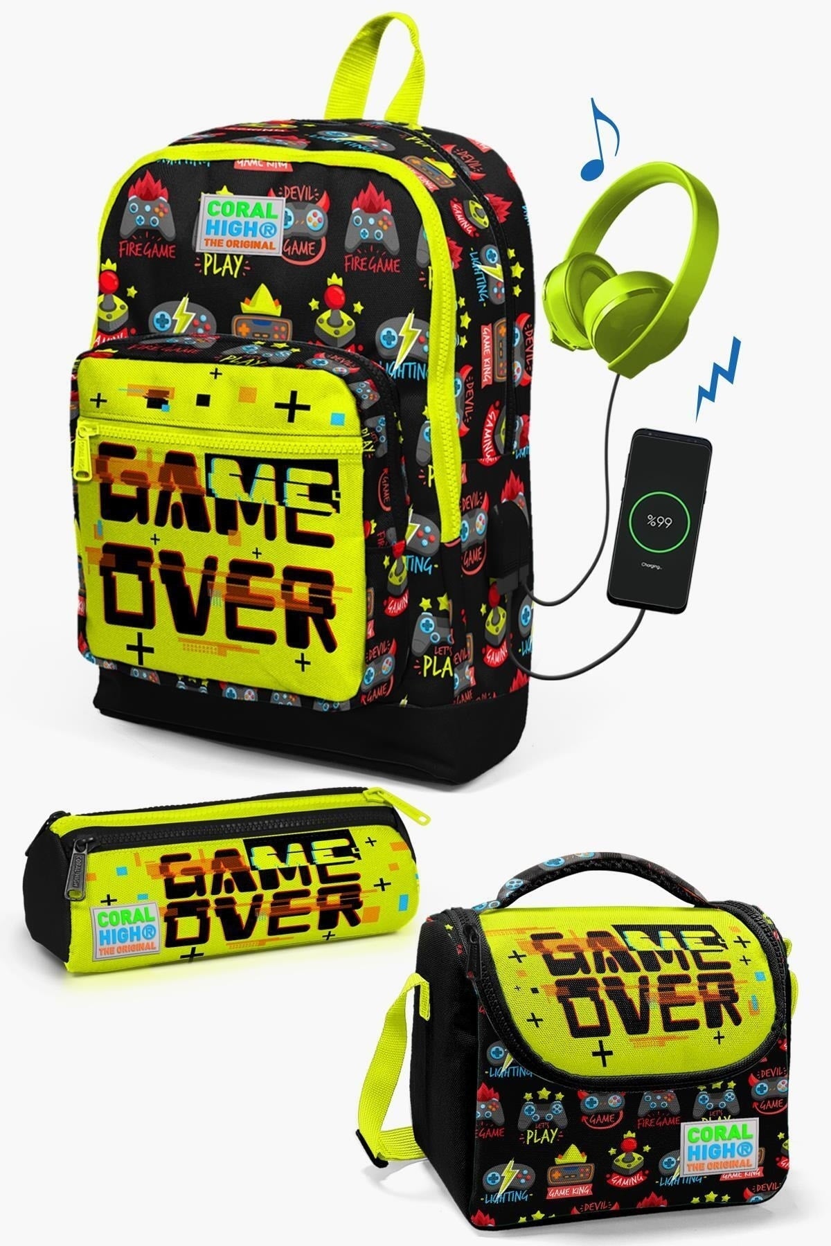 Kids Black Neon Yellow Game Over Patterned Usb 3 Pcs School Bag Set Set0123828