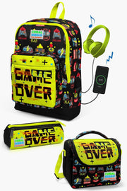 Kids Black Neon Yellow Game Over Patterned Usb 3 Pcs School Bag Set Set0123828