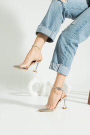 Silver Transparent Stone Women'S Evening Dress Heeled Shoes