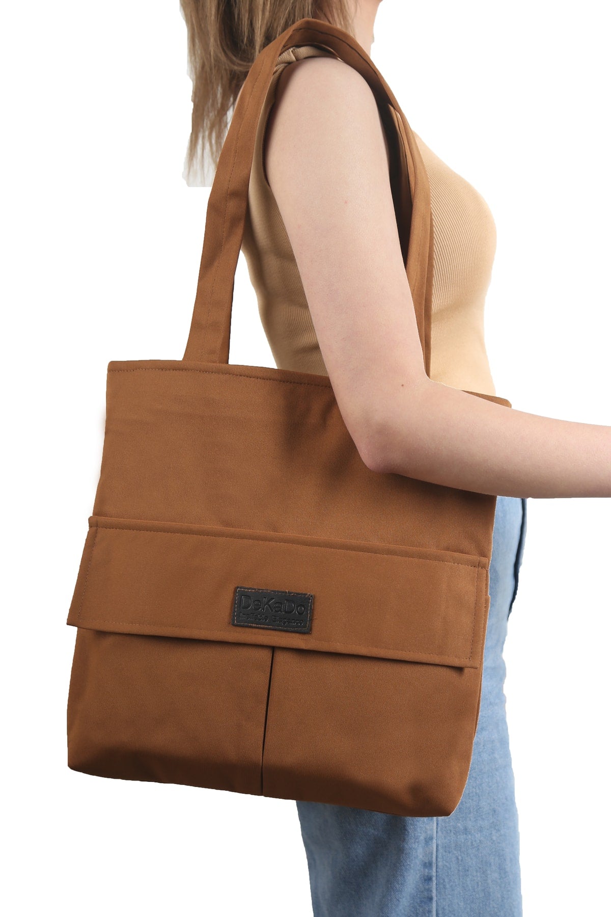 Women'S Brown Bag Zippered Hand And Shoulder Bag Canvas Fabric Tote Bag