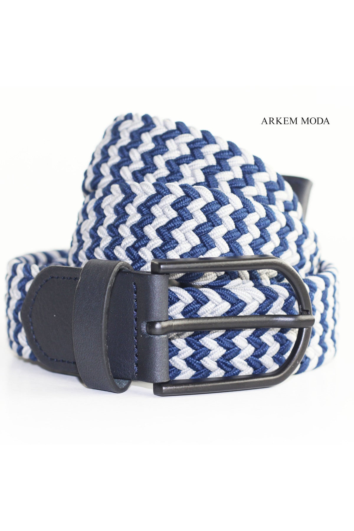 Braided Elastic Belt Navy Blue-Grey Denim, Jean, Sort Men's Belt 3,5 Cm