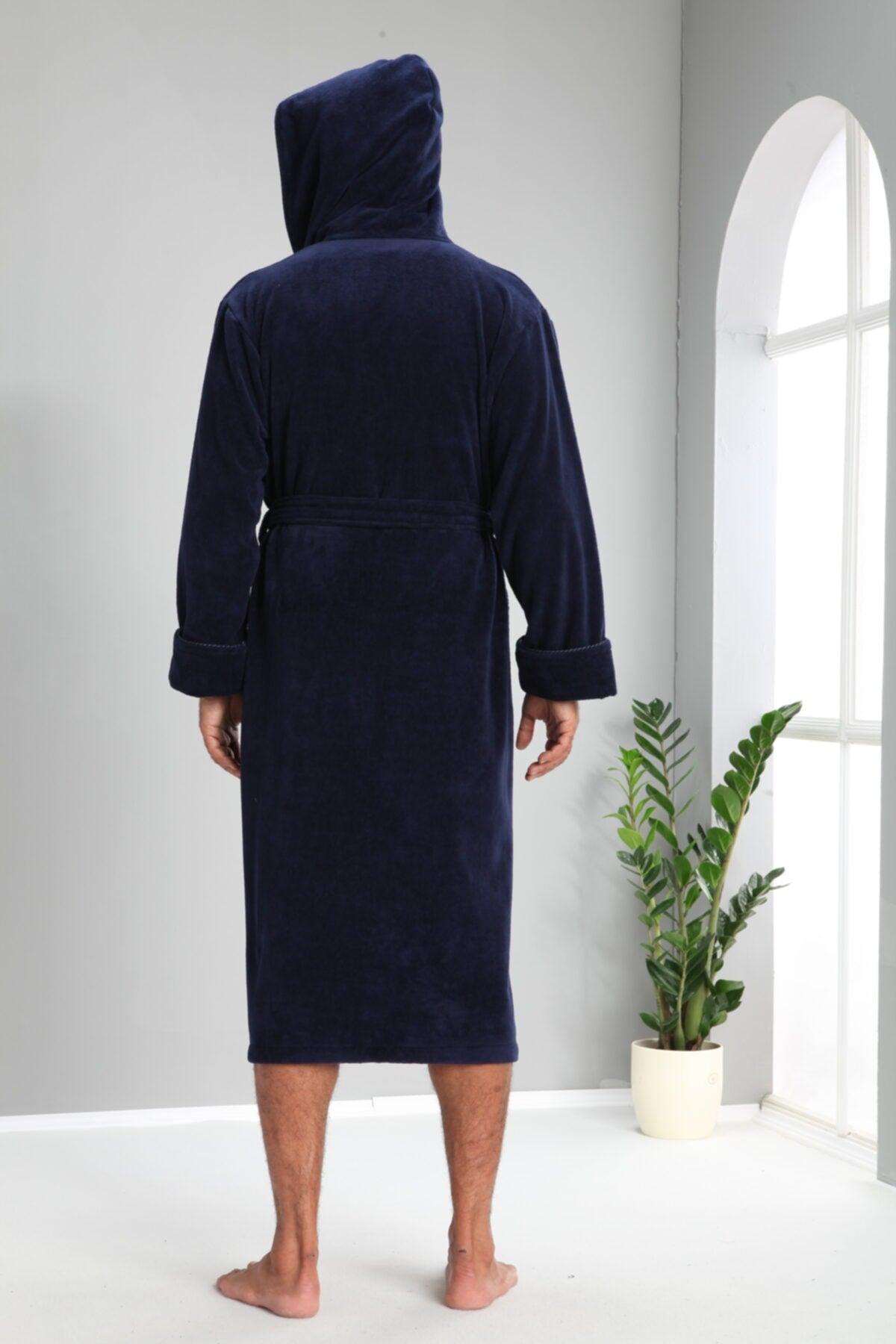 Navy Blue Piping Bamboo Cotton Men's Bathrobe - Swordslife