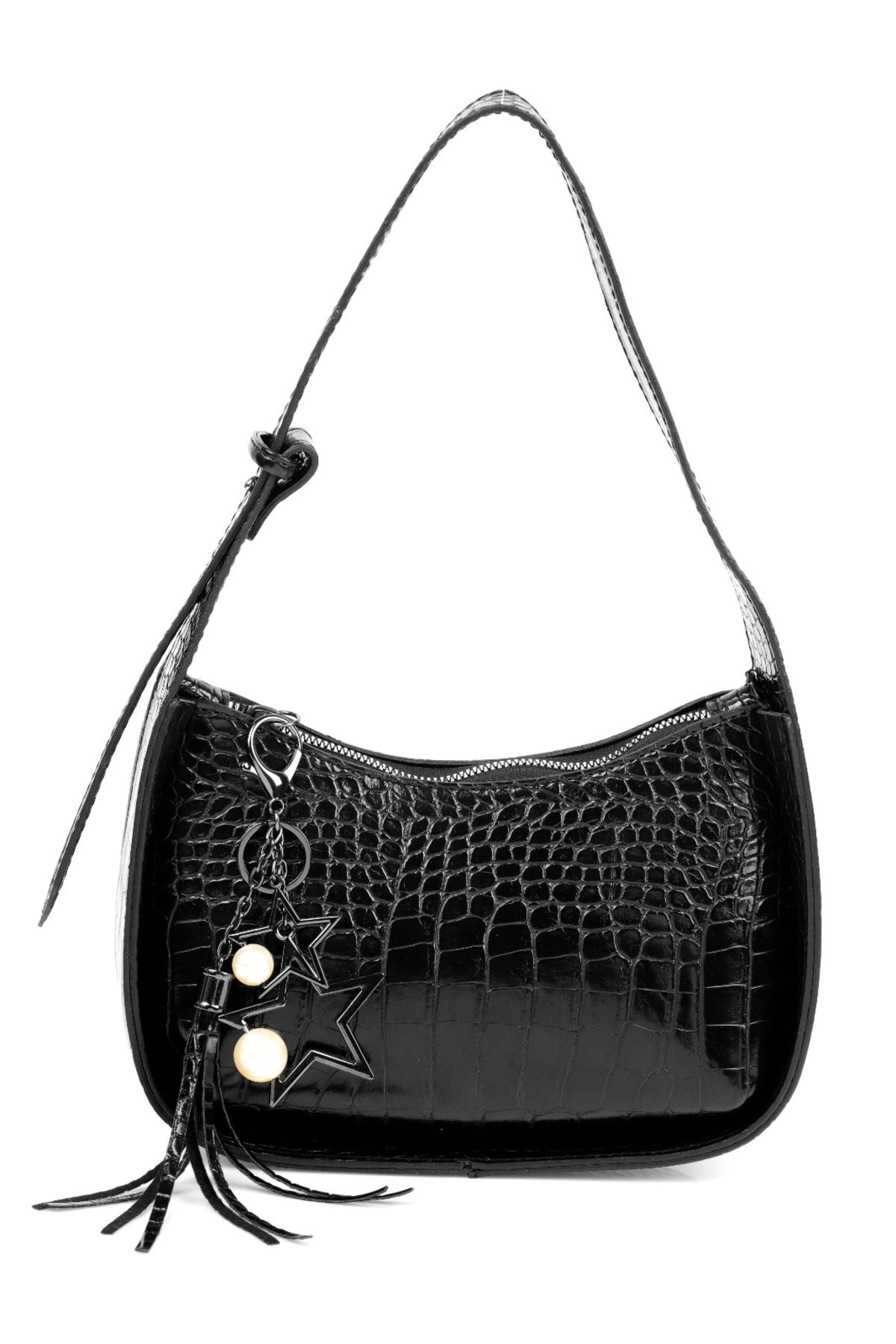 Women'S Black Crocodile Patterned Nickel Alloy Star And Pearl Accessory Baguette Bag