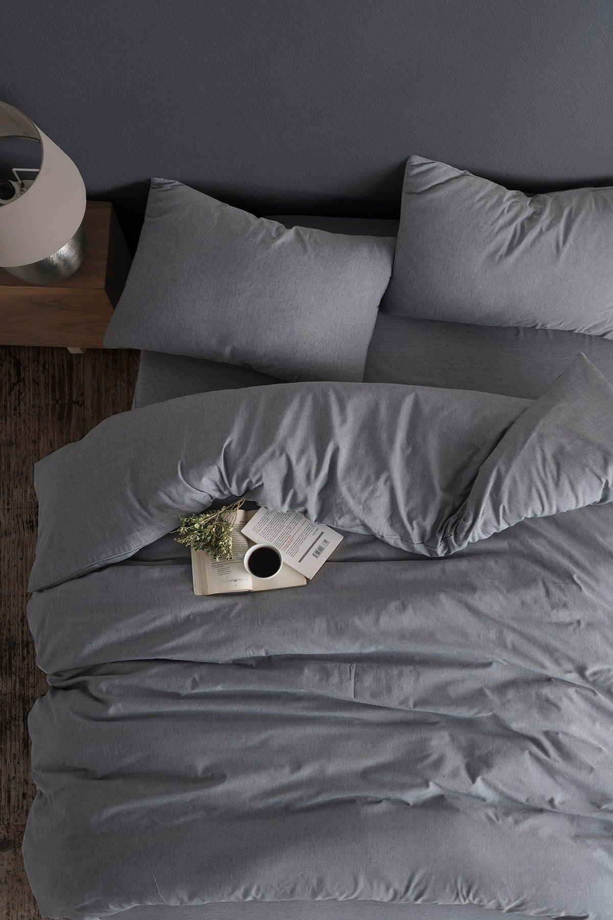 Cotton Double Duvet Cover Set with Elastic Linen | Full Anthracite | - Swordslife