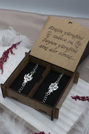 Set Of 2 Fire And Water Silver Color Couple Dear Best Metal Bracelet With Written Gift Box