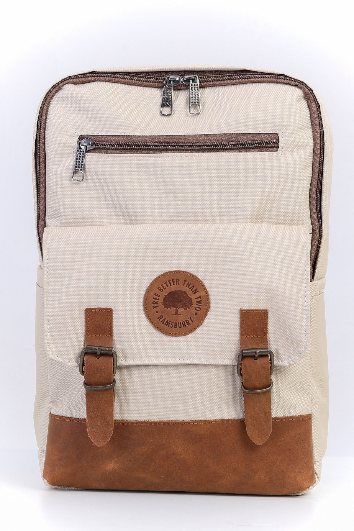 Unisex Cream 100% Genuine Leather Detailed Waterproof 15.6 Inch Multi-Compartment Backpack With Laptop Compartment
