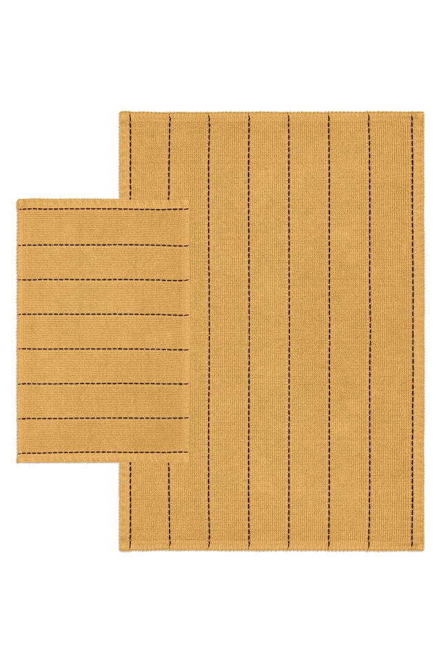 Basic Stripe Natural Cotton 2-Pack Bathroom Rug 60x100 50x60 Cm Spruce Yellow - Swordslife