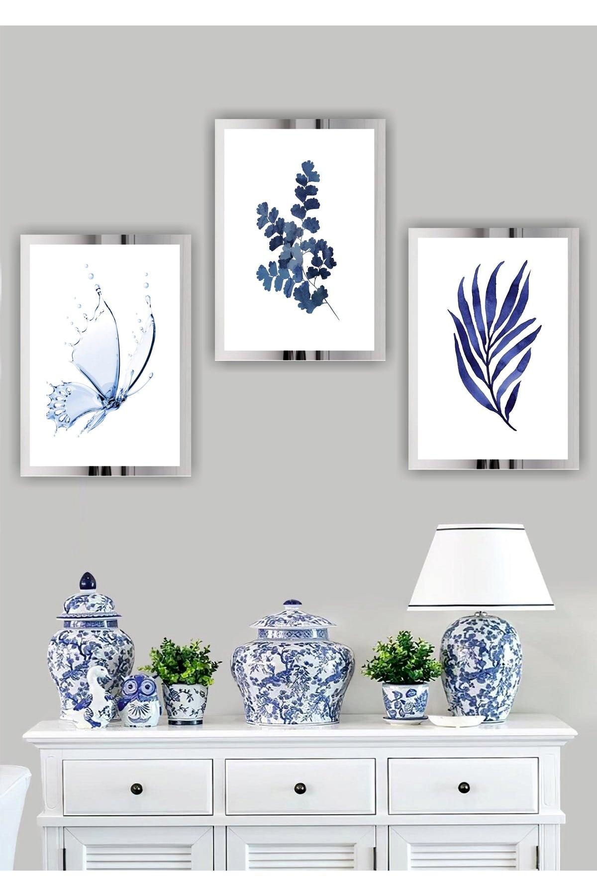 3 Pieces Blue Flower Home Decoration Plexi Framed Mirrored Shiny Decor Mdf Multi Table Set - Swordslife