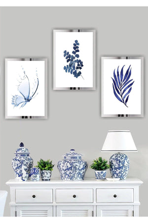 3 Pieces Blue Flower Home Decoration Plexi Framed Mirrored Shiny Decor Mdf Multi Table Set - Swordslife