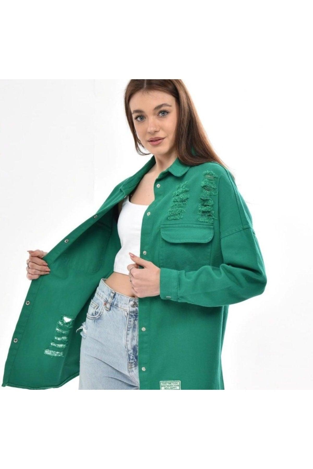 Women's Green Boyfriend Oversize Worn Denim Jeans Denim Jacket - Swordslife