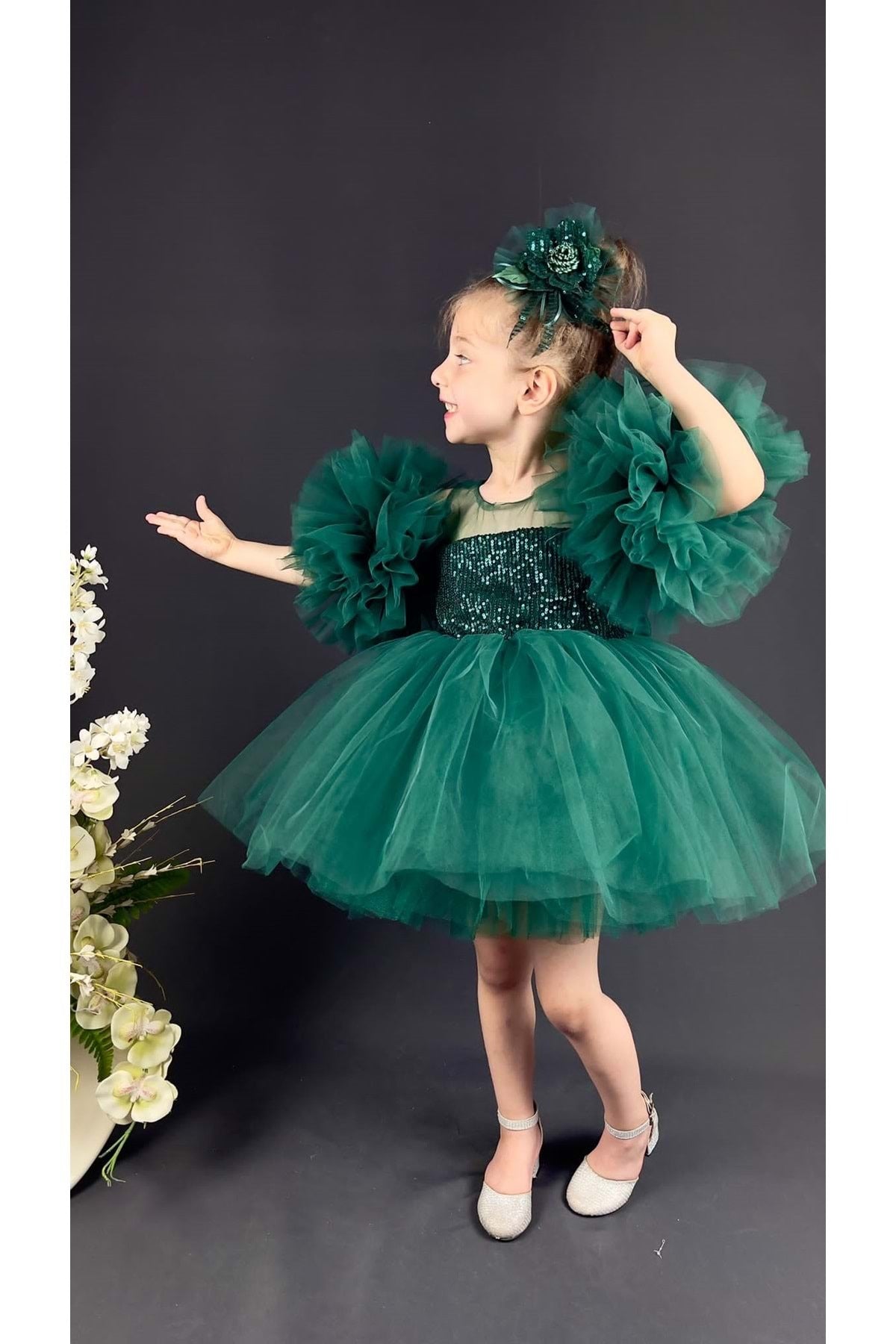 Chiffon Robe Pompom Sleeve Sequined Girls Fluffy Skirt Tulle Evening Dress Green