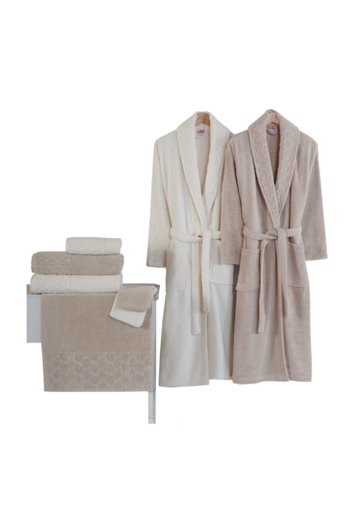 Hazal Family Bathrobe Set (8 Pcs) Brown-Cream Nrpk000548 - Swordslife