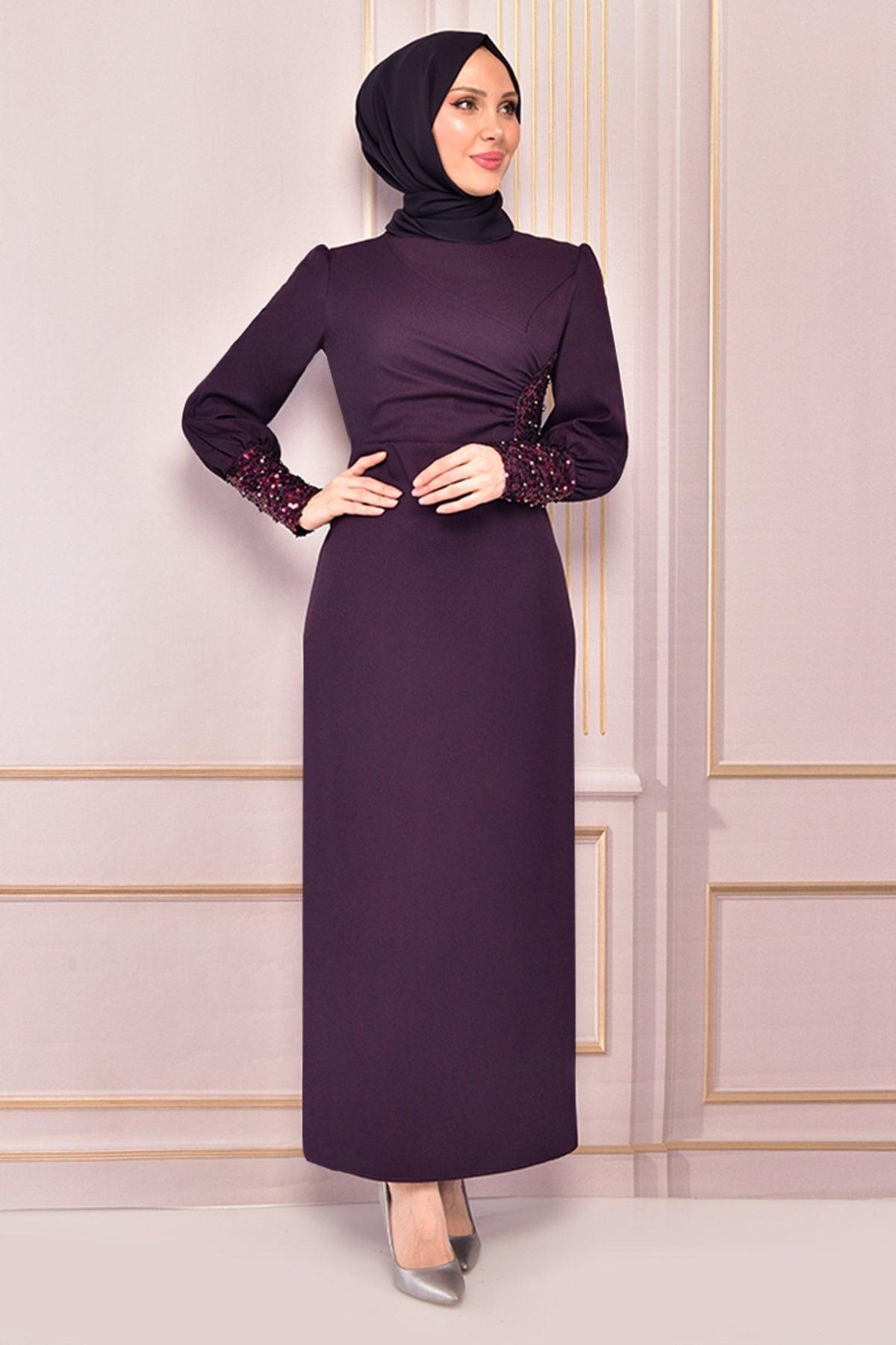 Pearl Detail Evening Dress Plum Asm2553 - Swordslife