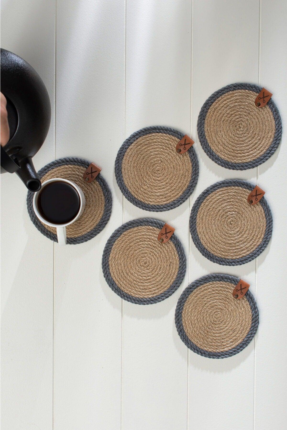 6 Pieces 13cm Gray Striped Jute Straw Weave Coaster Presentation Set - Swordslife