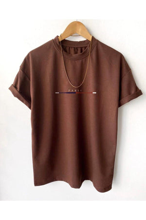 Men'S Brown Chest Slim Striped Paris Printed Oversize Crew Neck T-Shirt