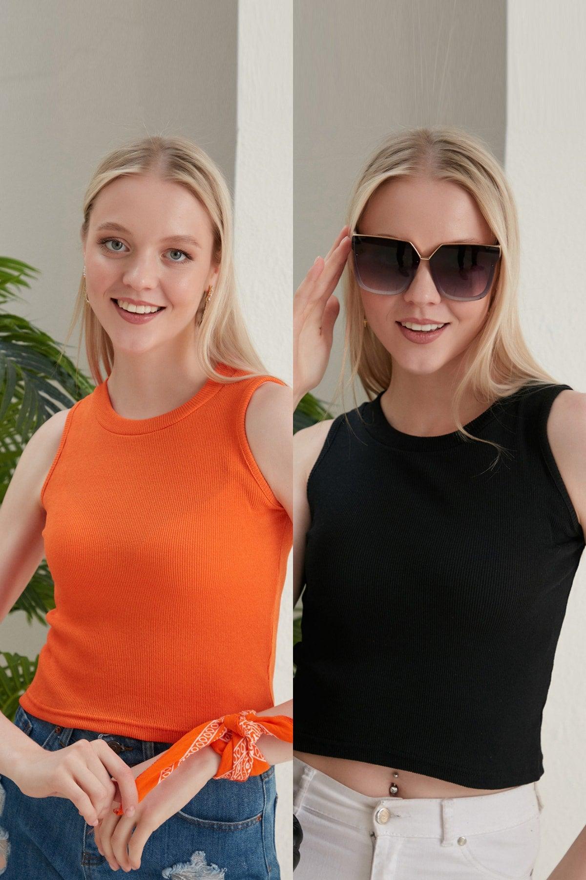 Women's Black Orange Halter Neck 2 Piece Crop Blouse - Swordslife