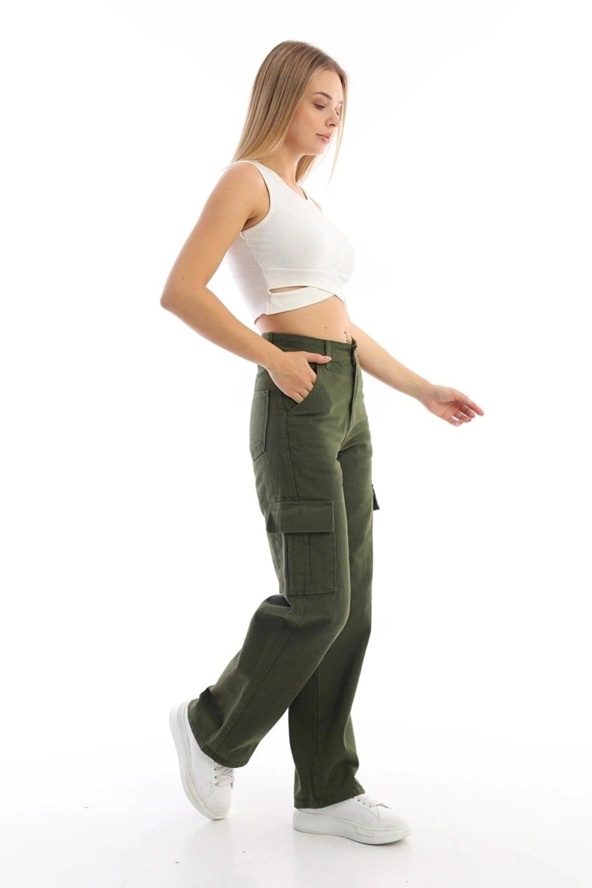 High Waist Cargo Pocket Jeans Khaki Cargo Pocket Jeans - Swordslife