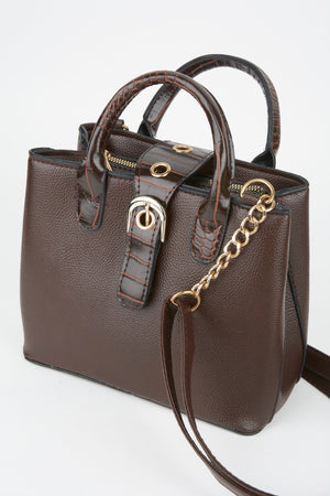 Women'S Bitter Brown Croco Handle 2 Compartment Snap Zipper Closure Hand And Shoulder Bag With Strap