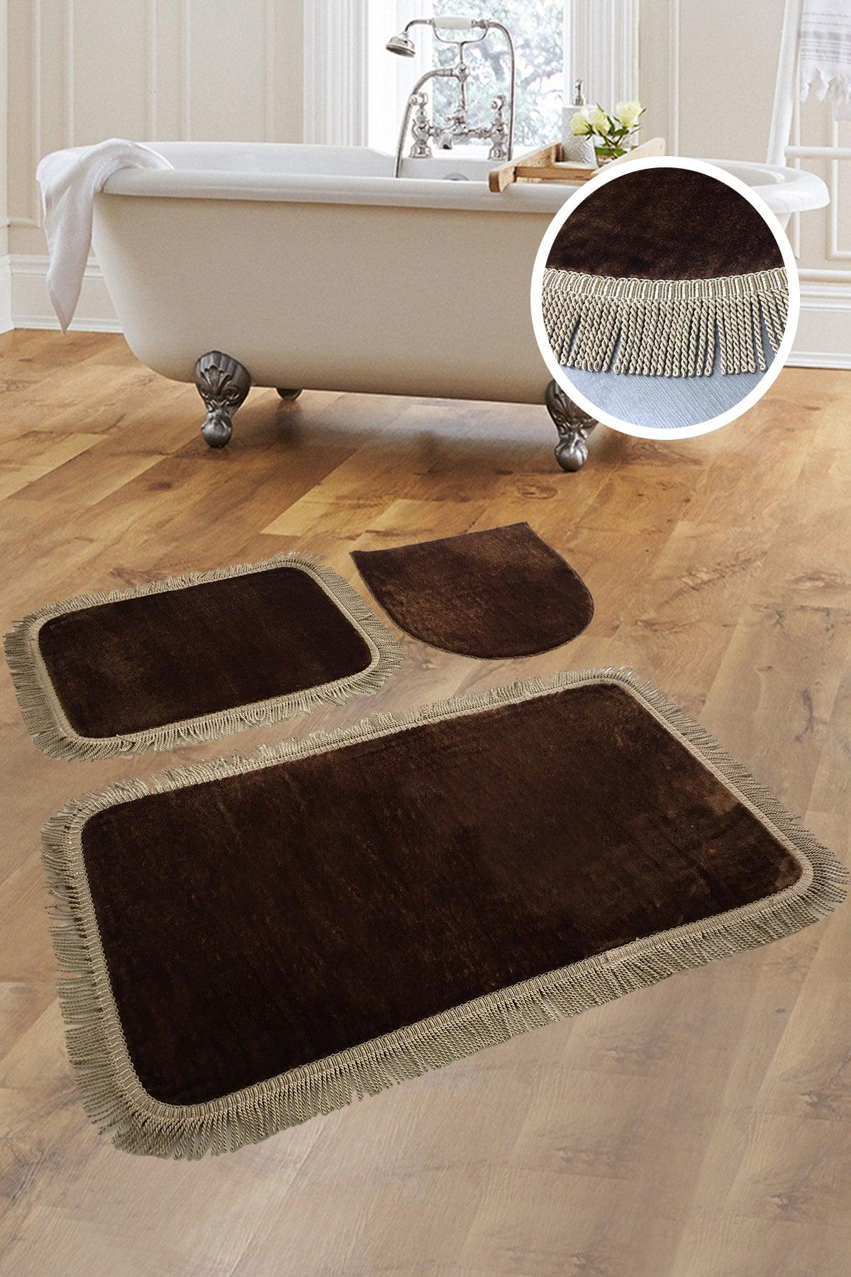 Shareton Cornered Brown 3-Piece Bath Mat Set Twirl Fringed Tassel Dowry Closet Set - Swordslife