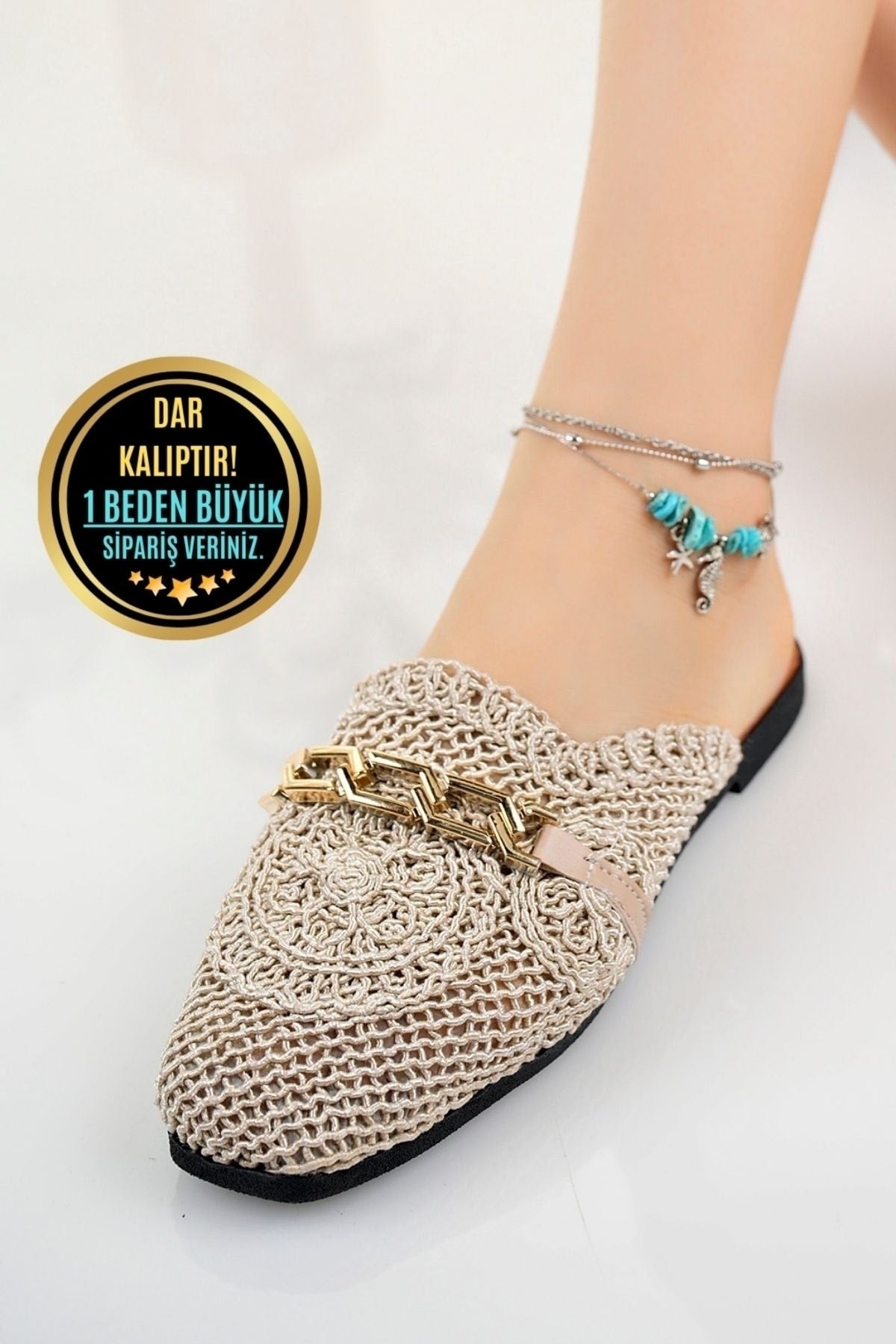 Women'S Closed Front Straw Slippers Beige Lace Knitted Embroidered Dowry Daily Slippers