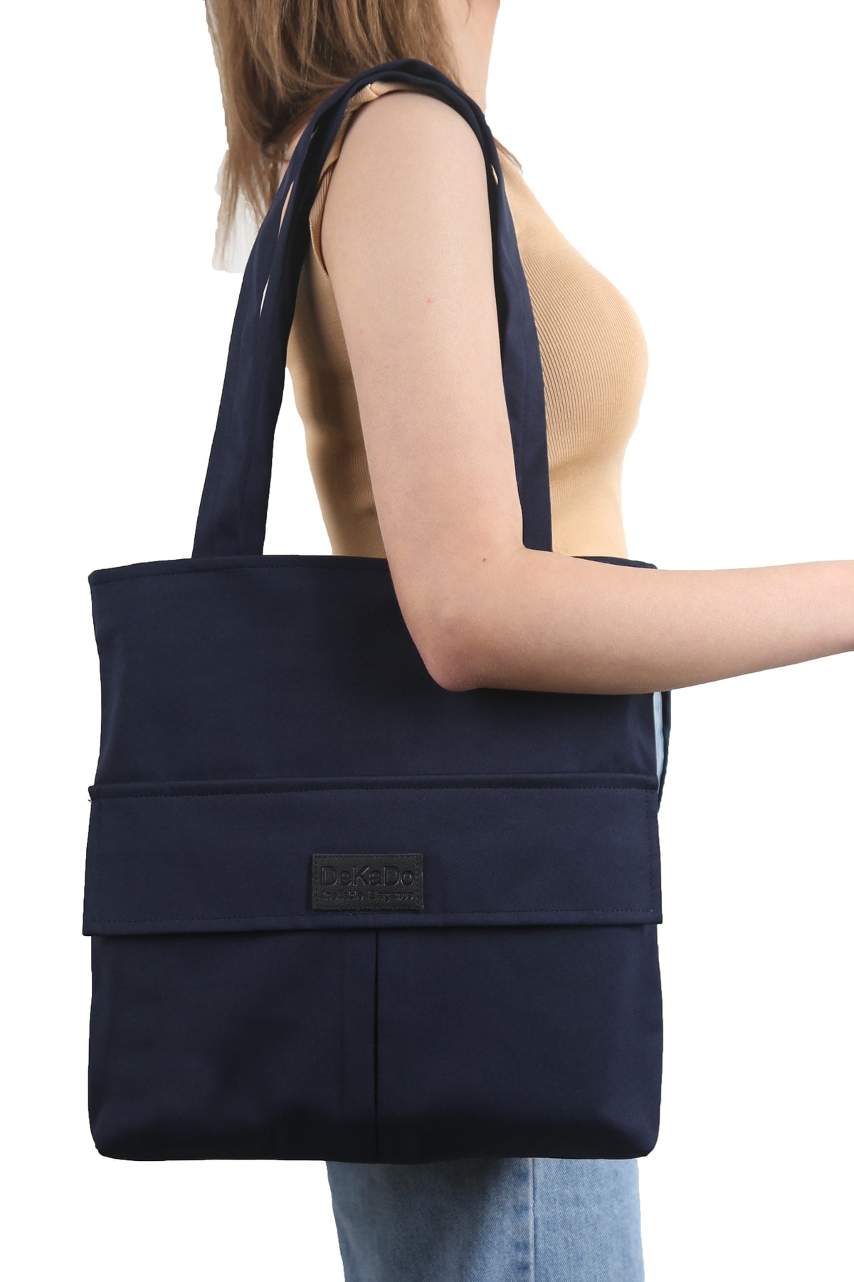 Women'S Navy Blue Bag Zippered Hand And Shoulder Bag Canvas Fabric Tote Bag