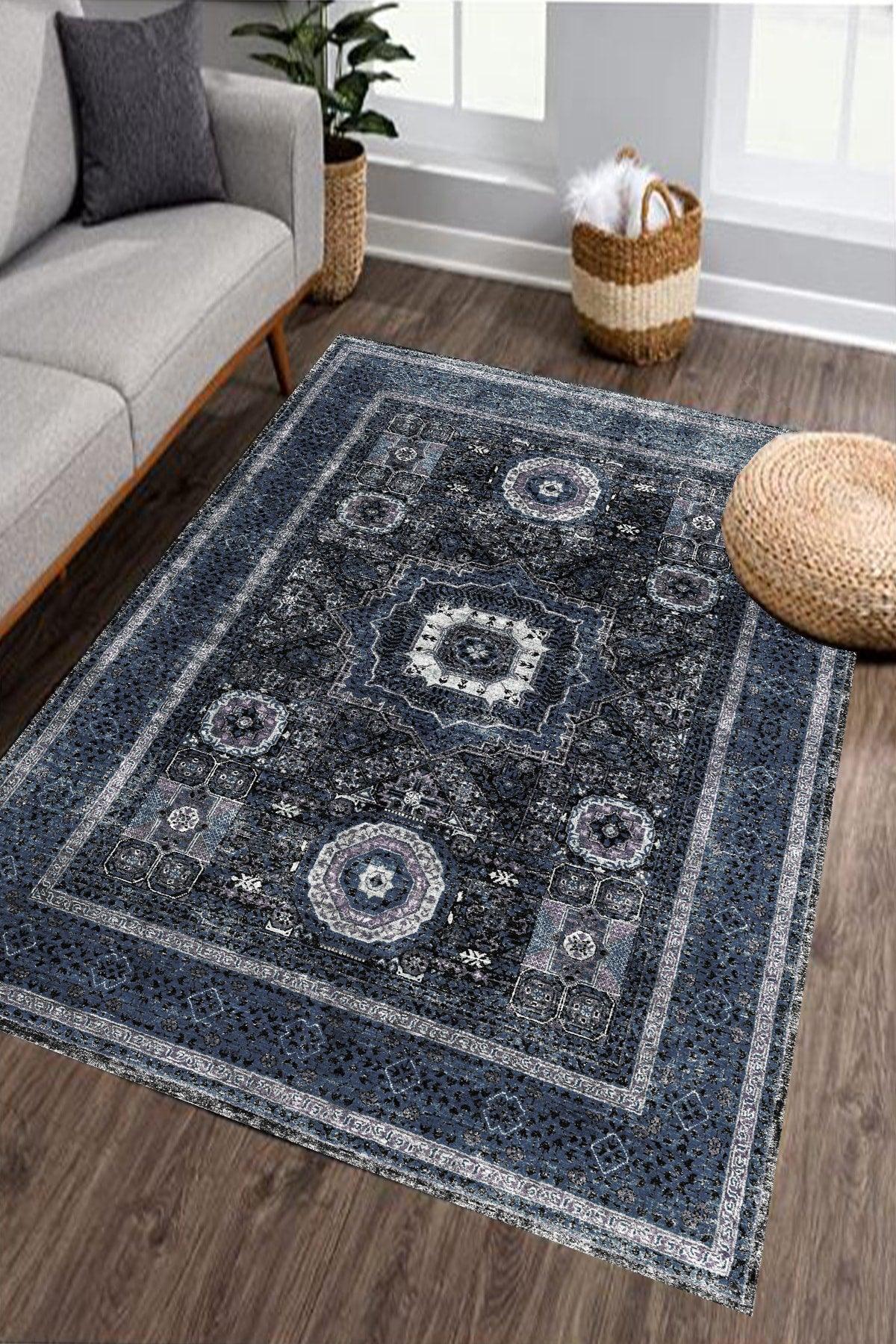 Traditional Pattern Washing Machine Washable Ethnic Rug Blue - Swordslife